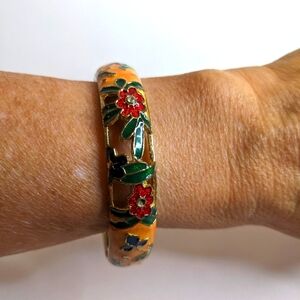 Vintage Jiu Long Xing Floral Enamel Cloisonne Bangle Bracelet